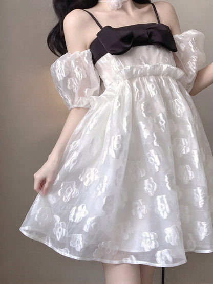 Cute White Floral Jacquard Off Shoulder Puff Sleeve A Line Short Homecoming Dress With Black Bow And Strap AS3024