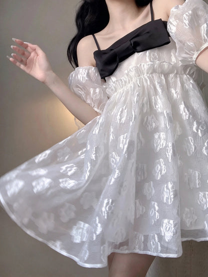 Cute White Floral Jacquard Off Shoulder Puff Sleeve A Line Short Homecoming Dress With Black Bow And Strap AS3024