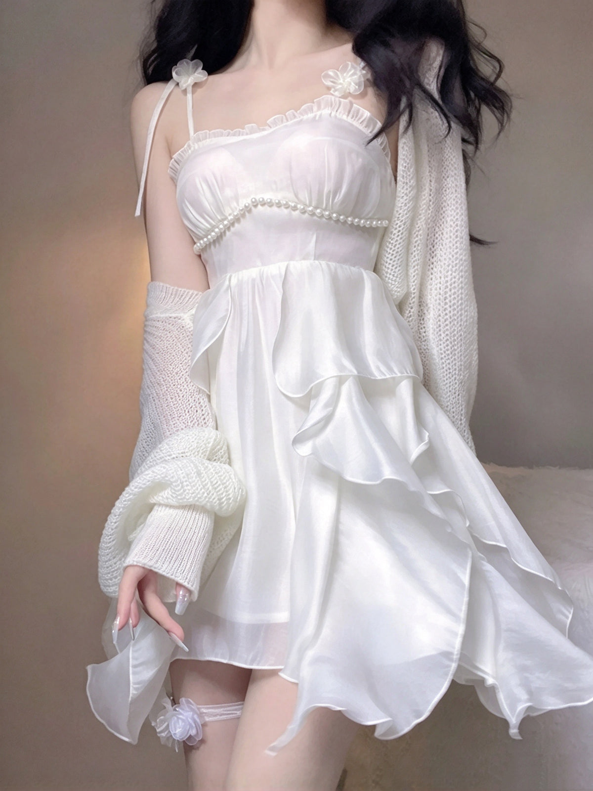 Romantic White Spaghetti Strap A Line Short Homecoming Dress With Flower And Pearl Accent AS3025