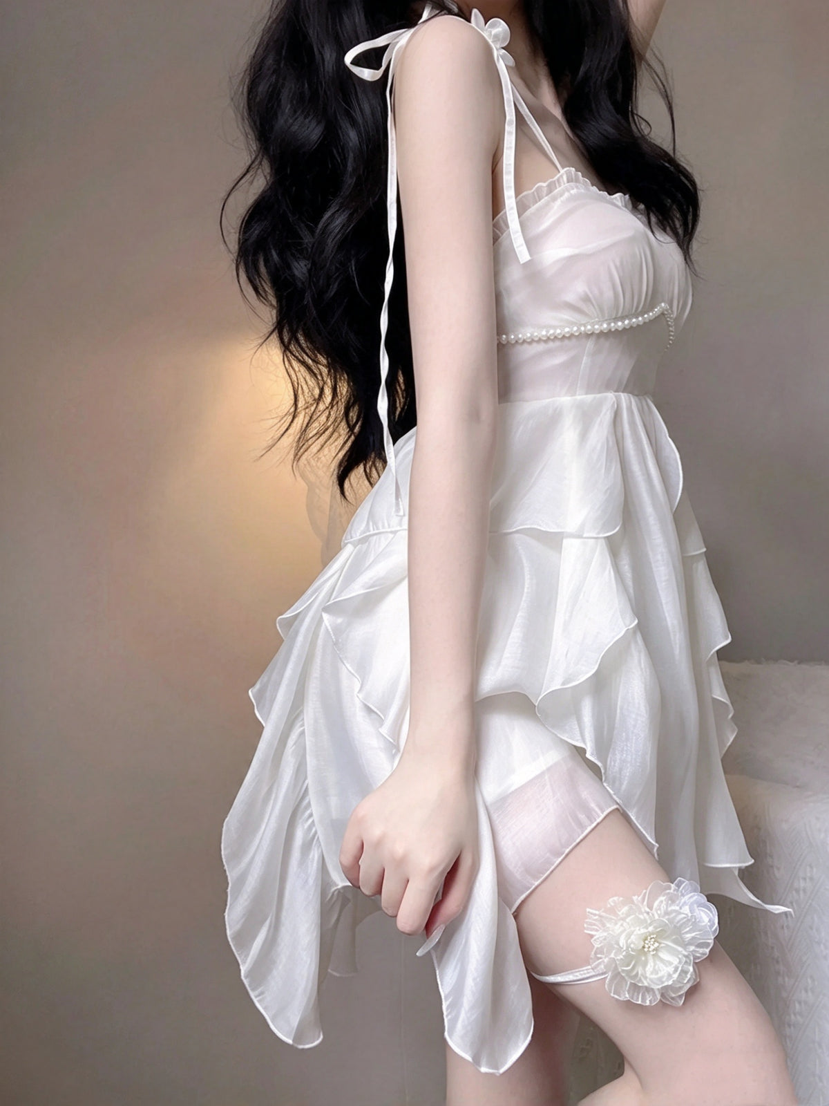 Romantic White Spaghetti Strap A Line Short Homecoming Dress With Flower And Pearl Accent AS3025