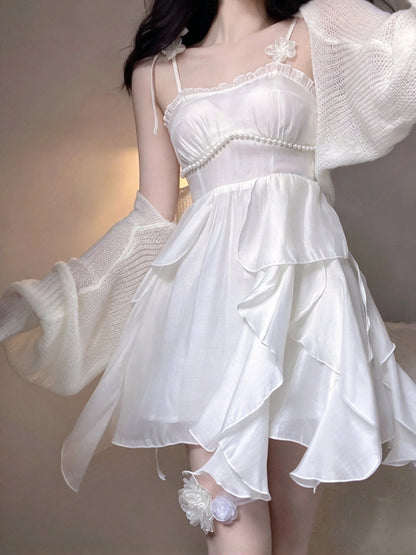Romantic White Spaghetti Strap A Line Short Homecoming Dress With Flower And Pearl Accent AS3025