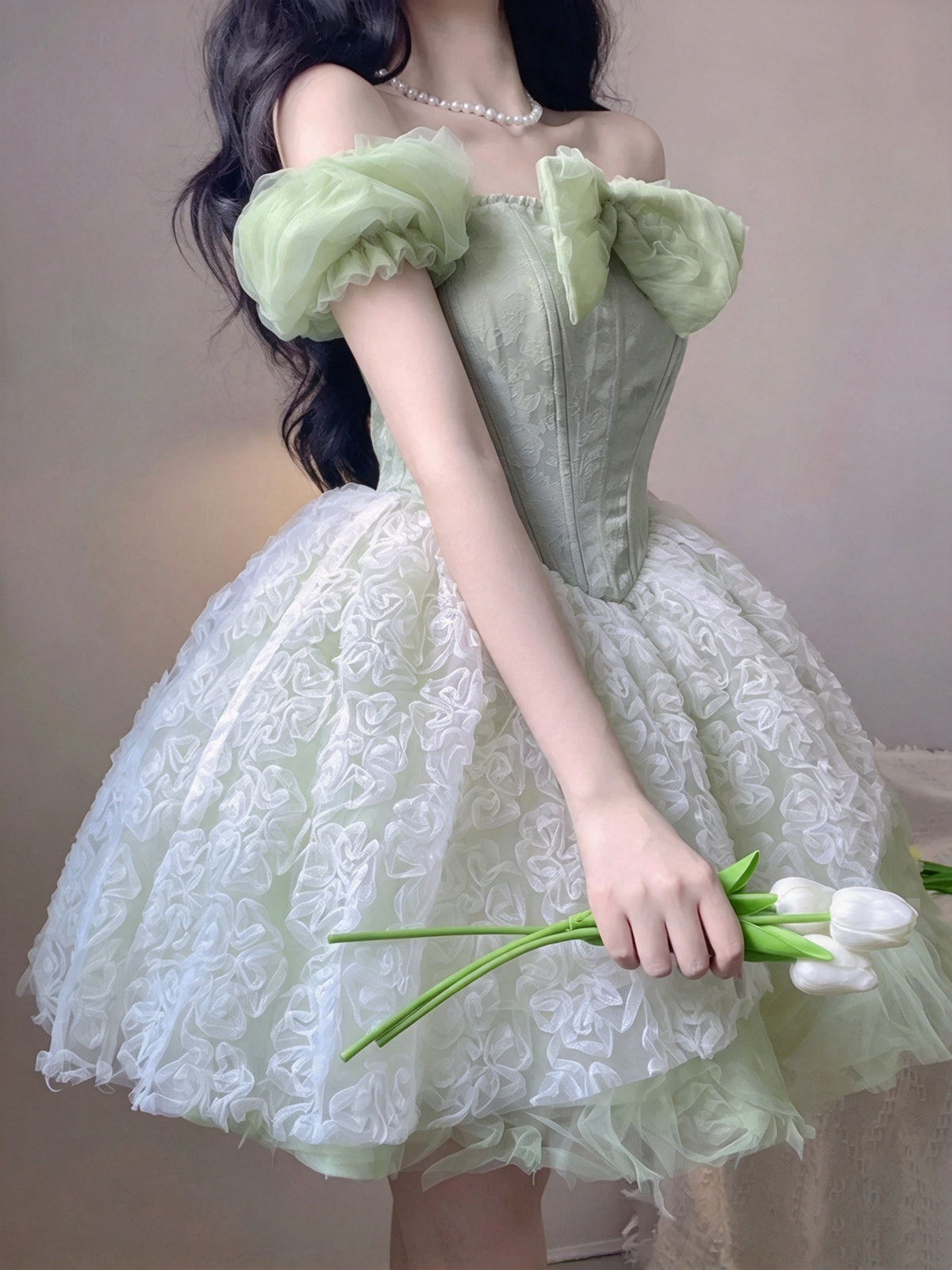 Fresh Sage Green Off Shoulder Bow Corset A Line 3D Floral Voluminous Skirt Short Homecoming Dress AS3026