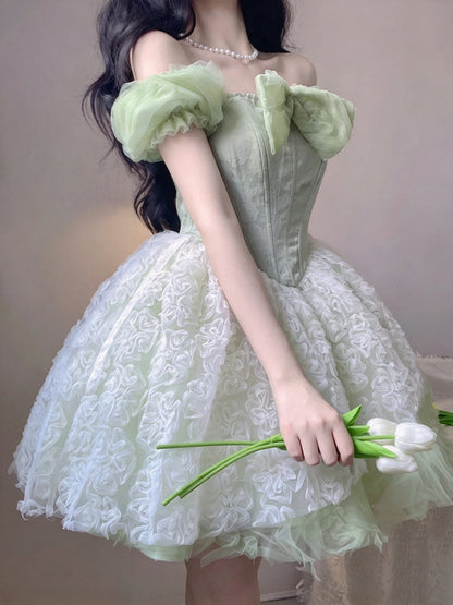 Fresh Sage Green Off Shoulder Bow Corset A Line 3D Floral Voluminous Skirt Short Homecoming Dress AS3026