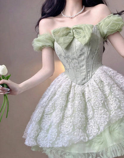 Fresh Sage Green Off Shoulder Bow Corset A Line 3D Floral Voluminous Skirt Short Homecoming Dress AS3026