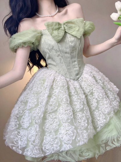 Fresh Sage Green Off Shoulder Bow Corset A Line 3D Floral Voluminous Skirt Short Homecoming Dress AS3026