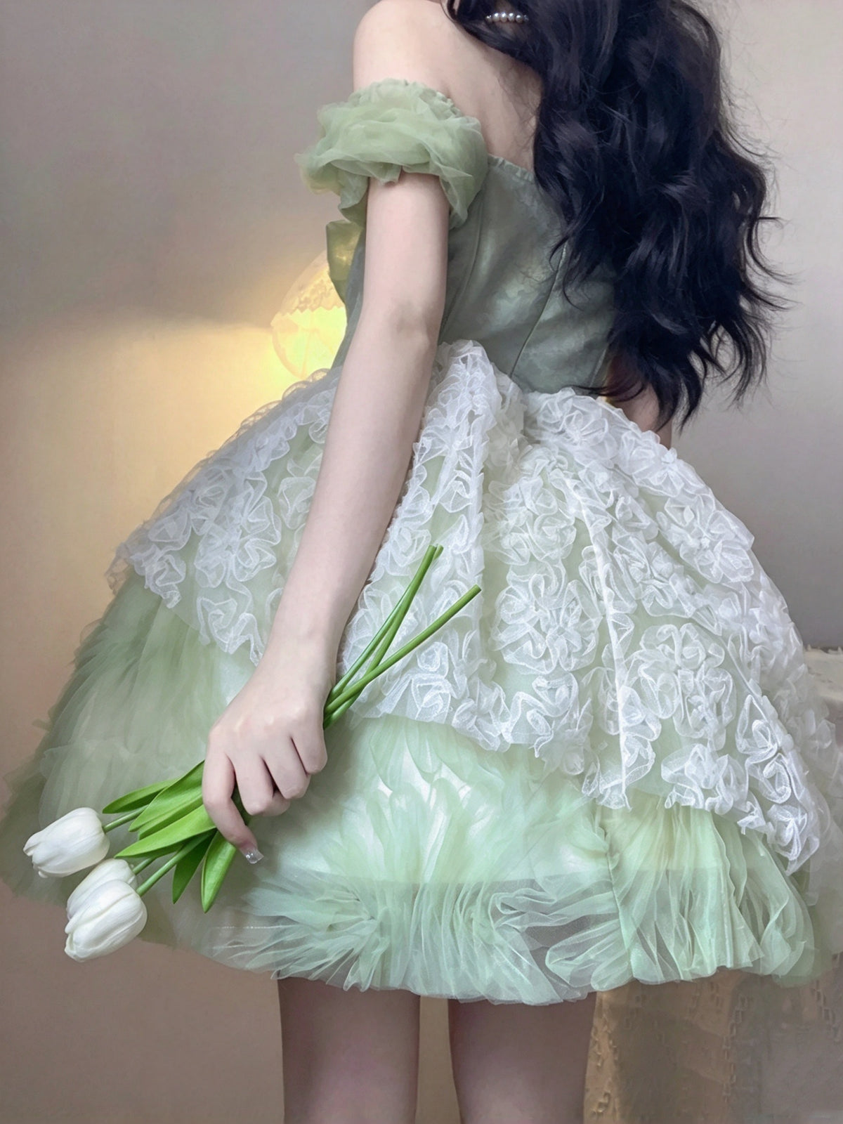 Fresh Sage Green Off Shoulder Bow Corset A Line 3D Floral Voluminous Skirt Short Homecoming Dress AS3026