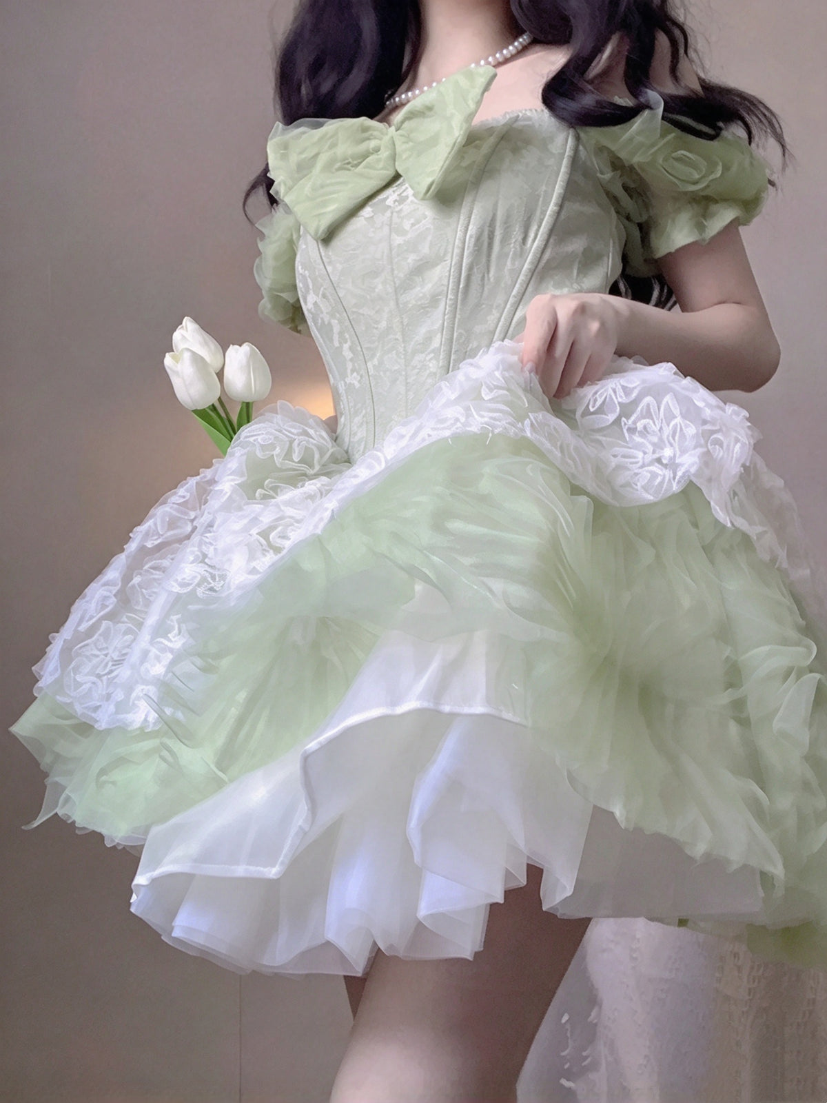 Fresh Sage Green Off Shoulder Bow Corset A Line 3D Floral Voluminous Skirt Short Homecoming Dress AS3026