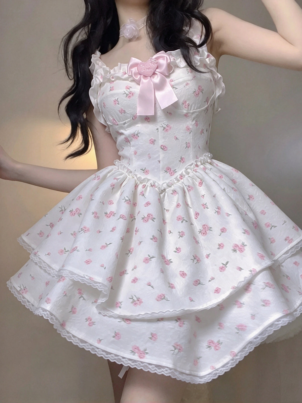 Sweet White Pink Floral Strap A Line Short Homecoming Dress With Heart Bow AS3028
