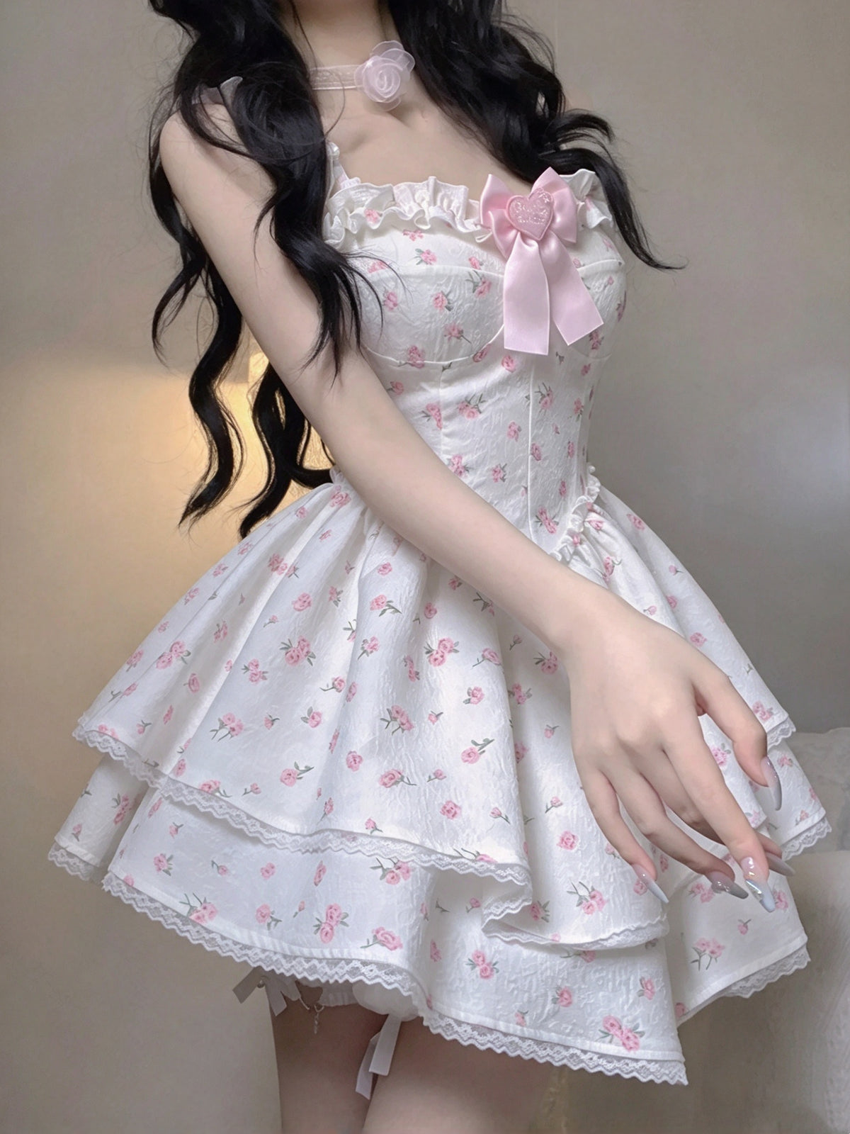 Sweet White Pink Floral Strap A Line Short Homecoming Dress With Heart Bow AS3028