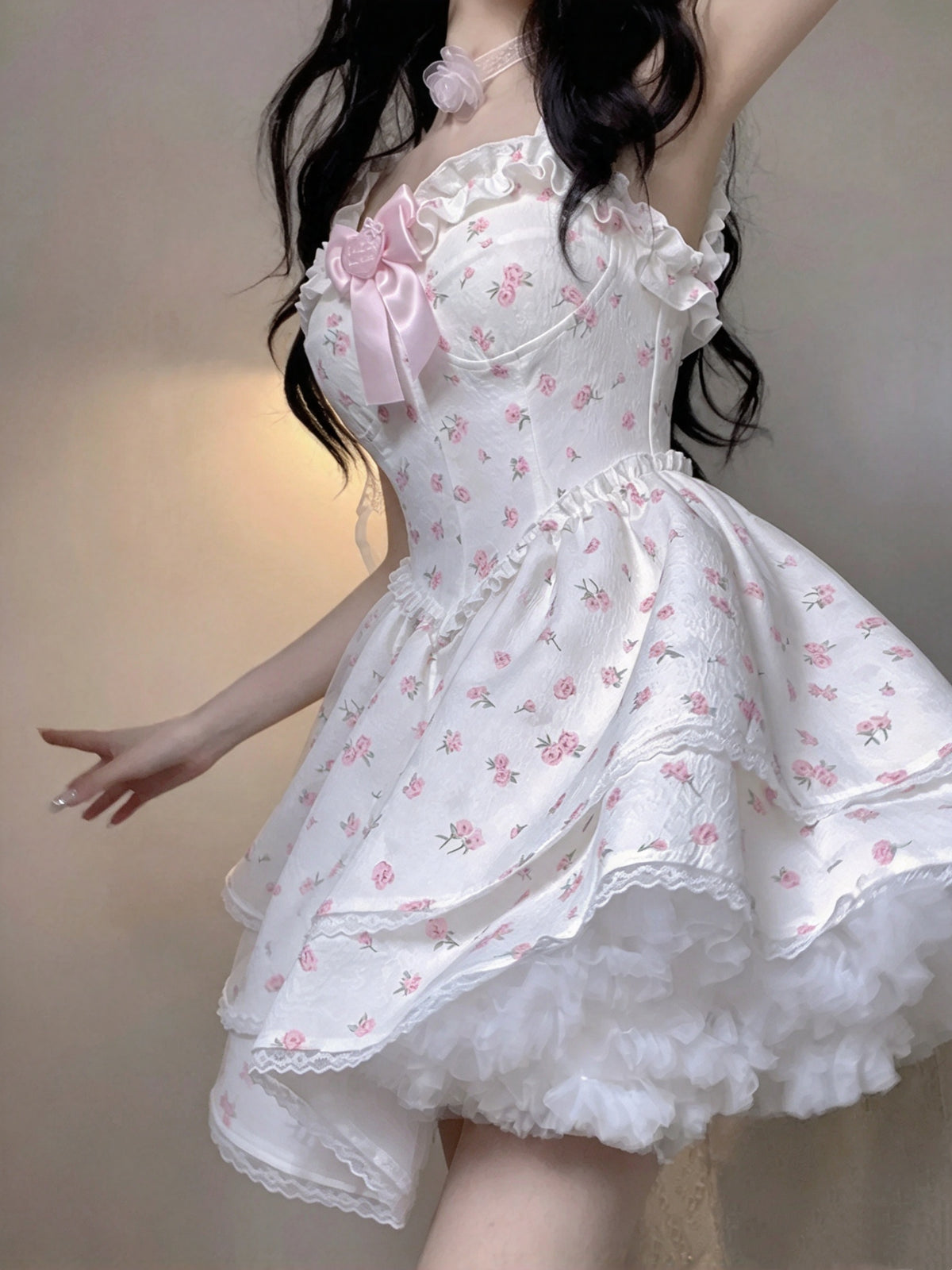 Sweet White Pink Floral Strap A Line Short Homecoming Dress With Heart Bow AS3028