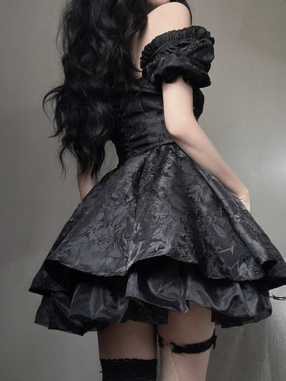 Chic Black Floral Jacquard Bow Off Shoulder A Line Short Homecoming Dress AS3029