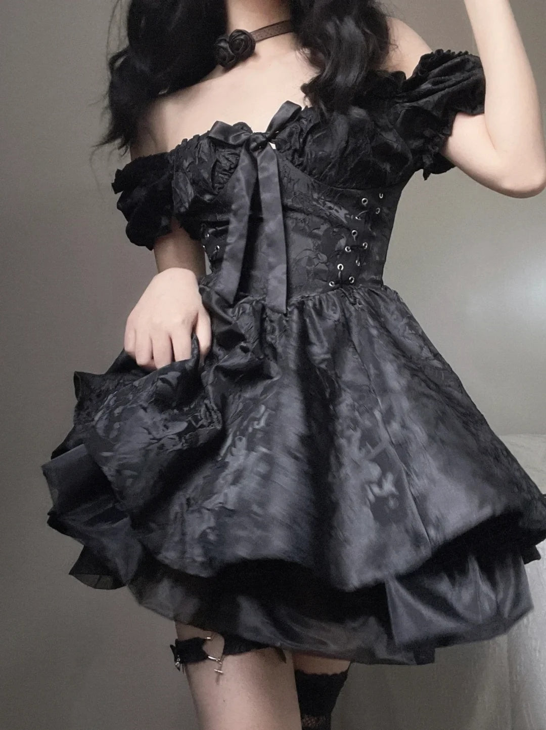 Chic Black Floral Jacquard Bow Off Shoulder A Line Short Homecoming Dress AS3029