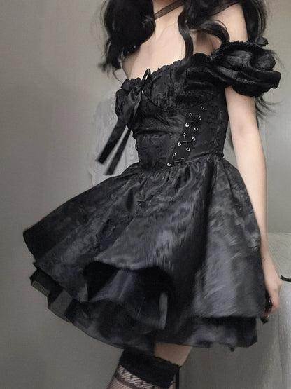 Chic Black Floral Jacquard Bow Off Shoulder A Line Short Homecoming Dress AS3029