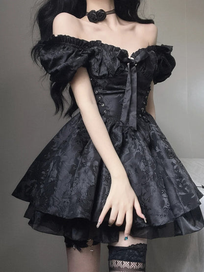 Chic Black Floral Jacquard Bow Off Shoulder A Line Short Homecoming Dress AS3029
