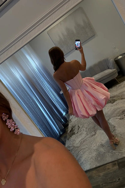 Pink Bubble Hem Homecoming Dress With Rhinestone Corset Bodice And Bow AS303
