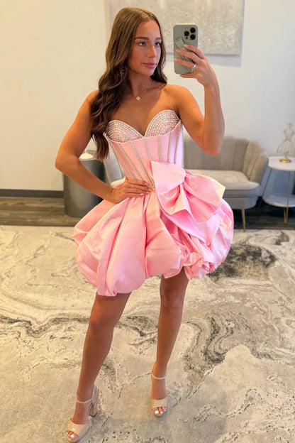 Pink Bubble Hem Homecoming Dress With Rhinestone Corset Bodice And Bow AS303