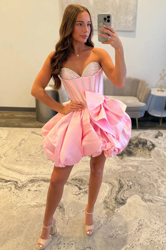 Pink Bubble Hem Homecoming Dress With Rhinestone Corset Bodice And Bow AS303