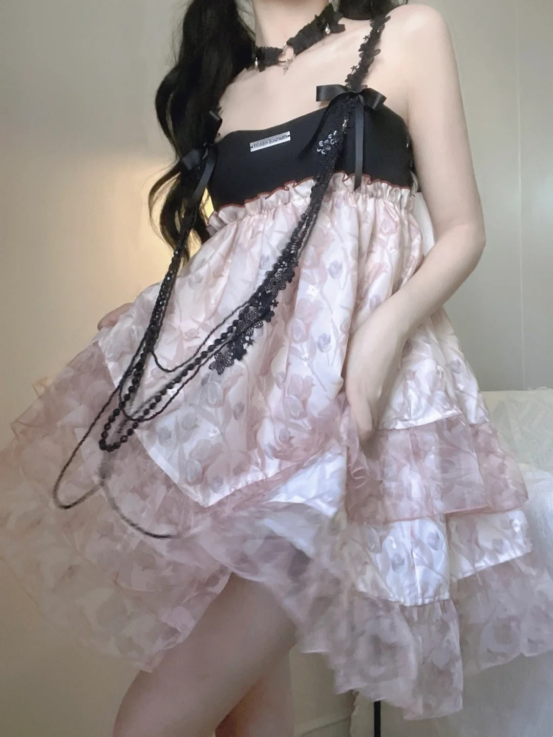 Chic Pink Floral Tulle Spaghetti Strap A Line Short Homecoming Dress With Black Bows And Bead Chain Decor AS3031