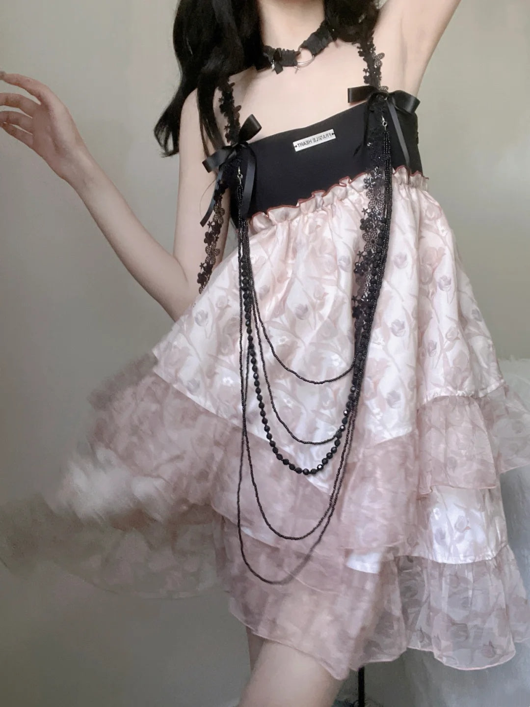 Chic Pink Floral Tulle Spaghetti Strap A Line Short Homecoming Dress With Black Bows And Bead Chain Decor AS3031