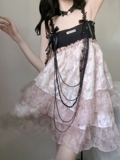 Chic Pink Floral Tulle Spaghetti Strap A Line Short Homecoming Dress With Black Bows And Bead Chain Decor AS3031