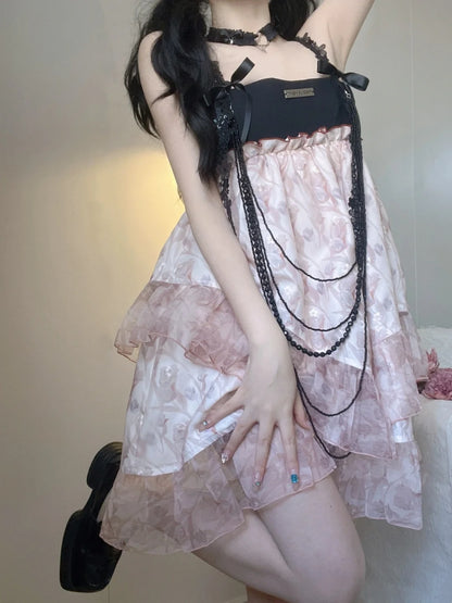 Chic Pink Floral Tulle Spaghetti Strap A Line Short Homecoming Dress With Black Bows And Bead Chain Decor AS3031