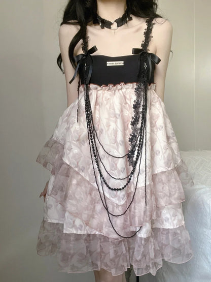 Chic Pink Floral Tulle Spaghetti Strap A Line Short Homecoming Dress With Black Bows And Bead Chain Decor AS3031