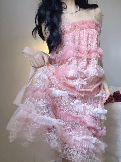 Dreamy Pink Beaded Strap Tired Lace Ruffled Tulle A Line Short Homecoming Dress With Floral AS3032