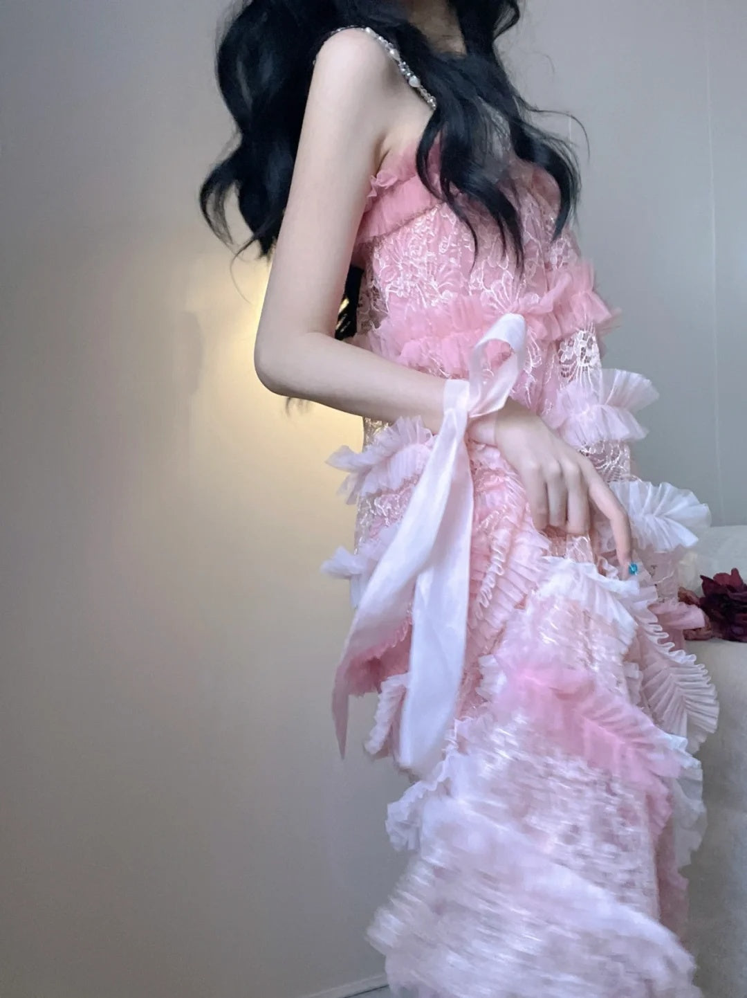 Dreamy Pink Beaded Strap Tired Lace Ruffled Tulle A Line Short Homecoming Dress With Floral AS3032