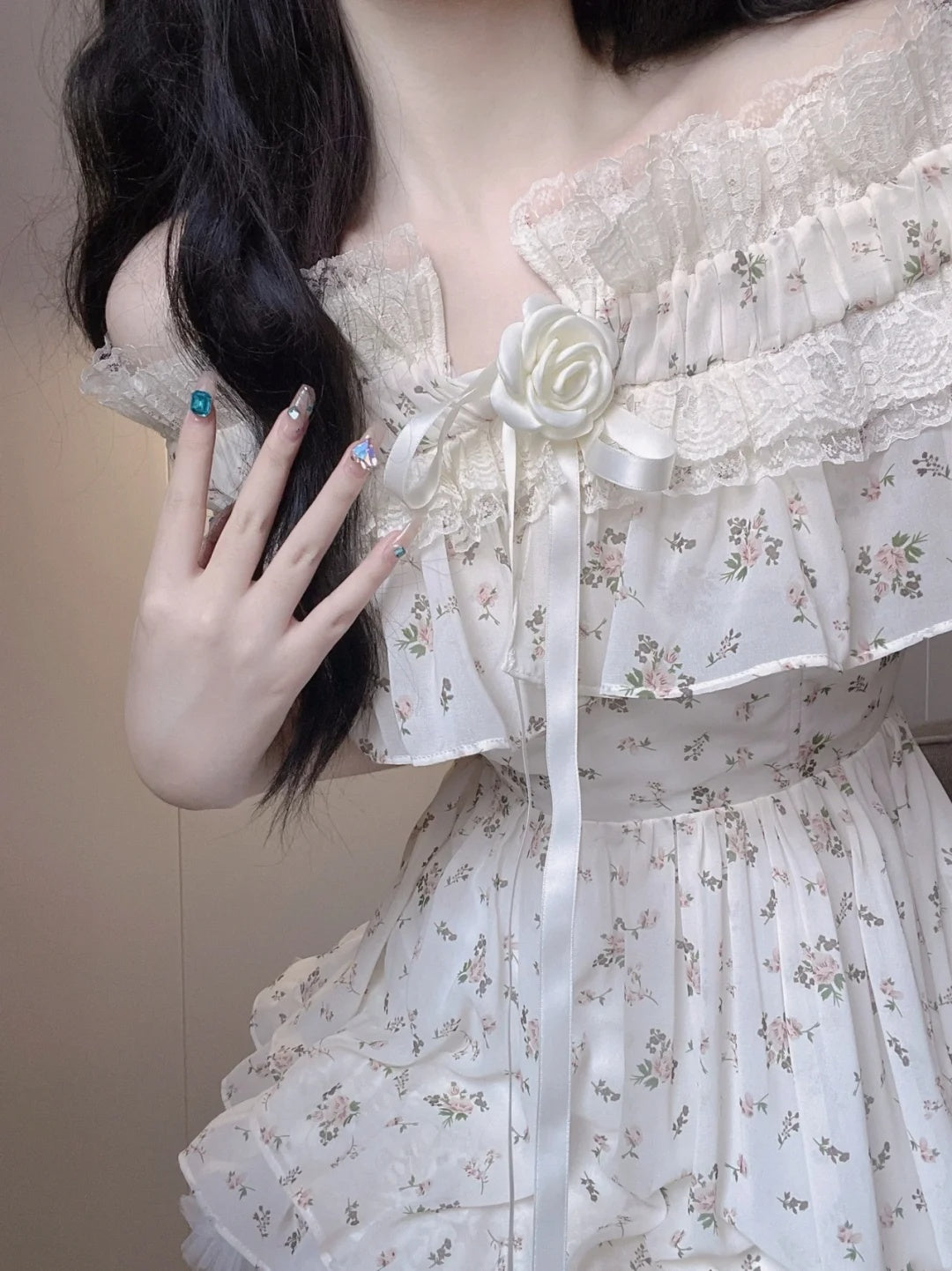 Soft White Ditsy Floral Off Shoulder A Line Short Homecoming Dress With Rose Bow AS3033
