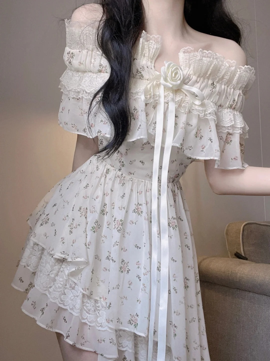 Soft White Ditsy Floral Off Shoulder A Line Short Homecoming Dress With Rose Bow AS3033
