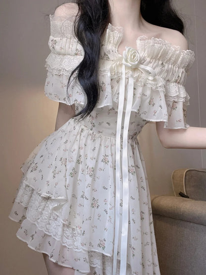 Soft White Ditsy Floral Off Shoulder A Line Short Homecoming Dress With Rose Bow AS3033