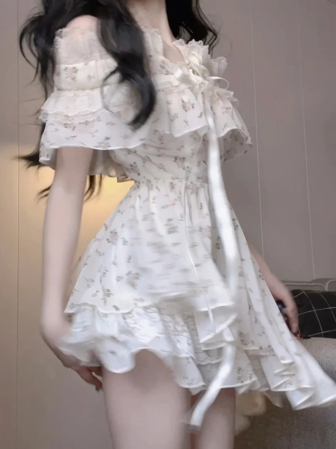 Soft White Ditsy Floral Off Shoulder A Line Short Homecoming Dress With Rose Bow AS3033