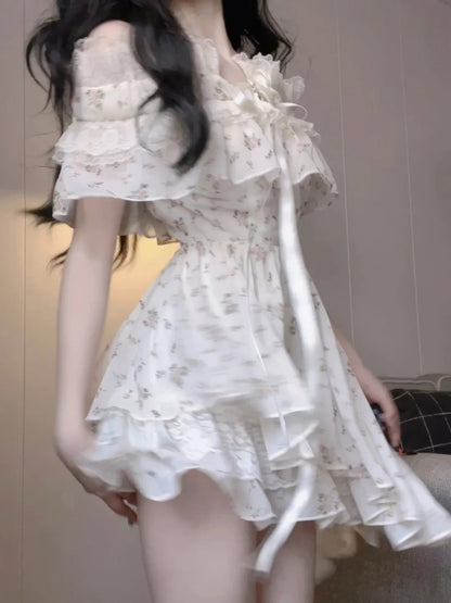 Soft White Ditsy Floral Off Shoulder A Line Short Homecoming Dress With Rose Bow AS3033