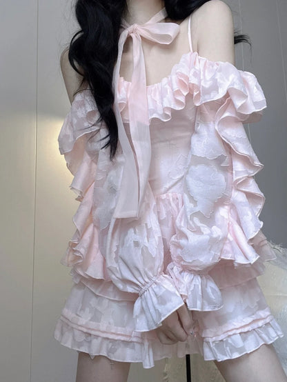 Delicate Pink Jacquard Off Shoulder Spaghetti Straps Ruffled A Line Short Homecoming Dress AS3034