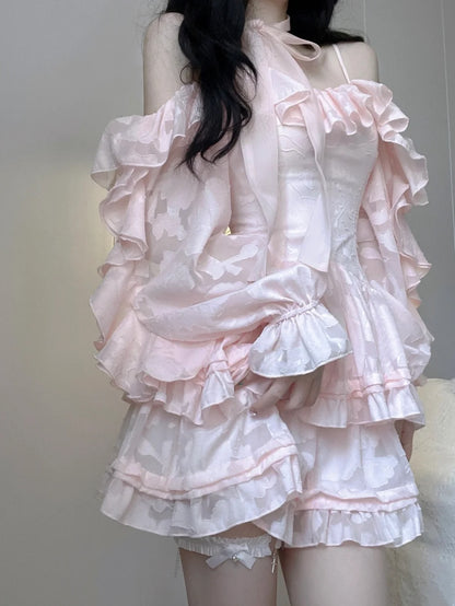 Delicate Pink Jacquard Off Shoulder Spaghetti Straps Ruffled A Line Short Homecoming Dress AS3034