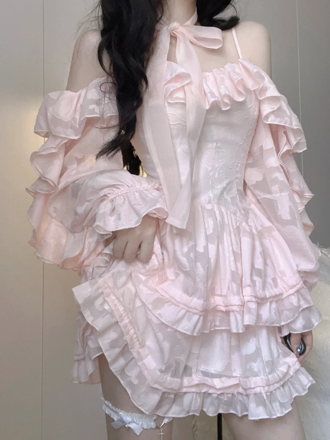 Delicate Pink Jacquard Off Shoulder Spaghetti Straps Ruffled A Line Short Homecoming Dress AS3034