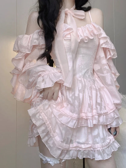 Delicate Pink Jacquard Off Shoulder Spaghetti Straps Ruffled A Line Short Homecoming Dress AS3034