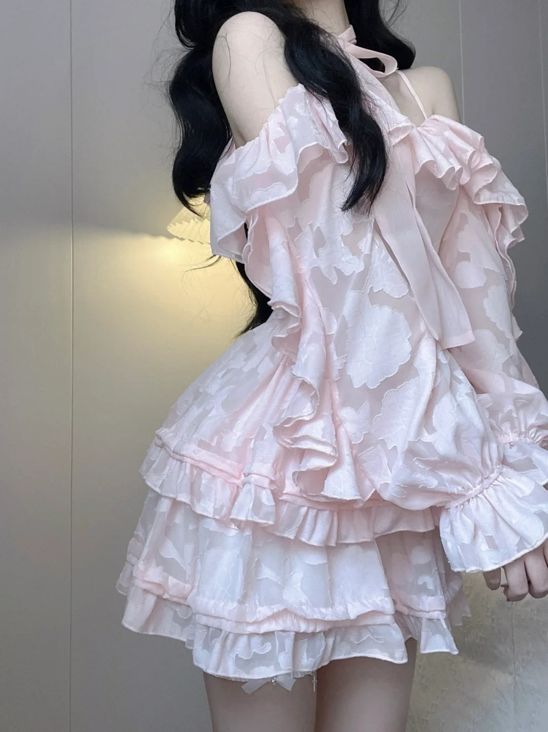 Delicate Pink Jacquard Off Shoulder Spaghetti Straps Ruffled A Line Short Homecoming Dress AS3034