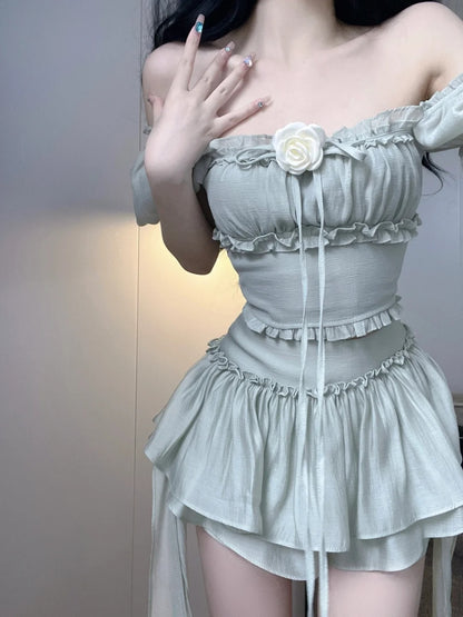 Fresh Sage Green Square Neck Ruffle Trim Two Piece A Line Short Homecoming Dress AS3036
