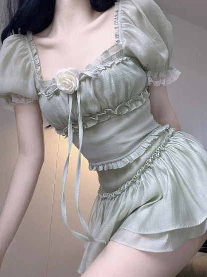 Fresh Sage Green Square Neck Ruffle Trim Two Piece A Line Short Homecoming Dress AS3036