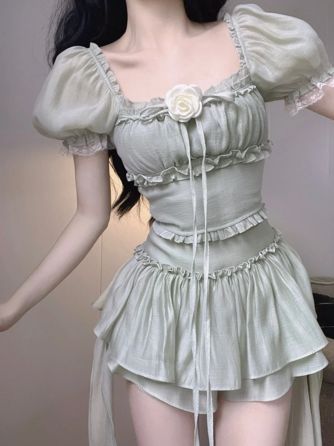 Fresh Sage Green Square Neck Ruffle Trim Two Piece A Line Short Homecoming Dress AS3036