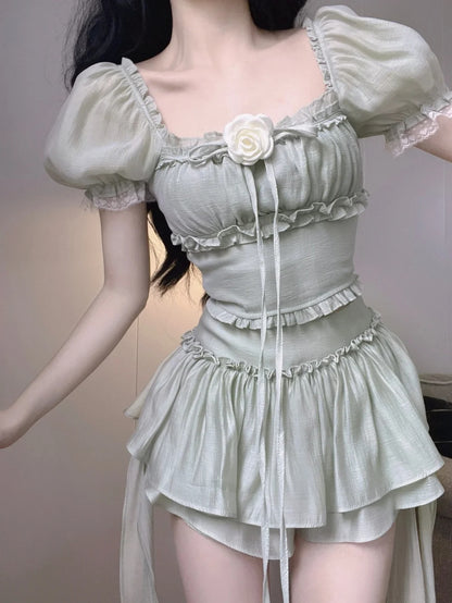 Fresh Sage Green Square Neck Ruffle Trim Two Piece A Line Short Homecoming Dress AS3036