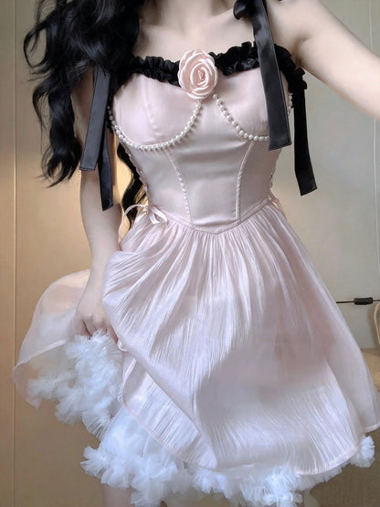 Romantic Pink Bow Strap Corset A Line Short Homecoming Dress With Side Bows,3D Flower And Pearl Chain AS3038