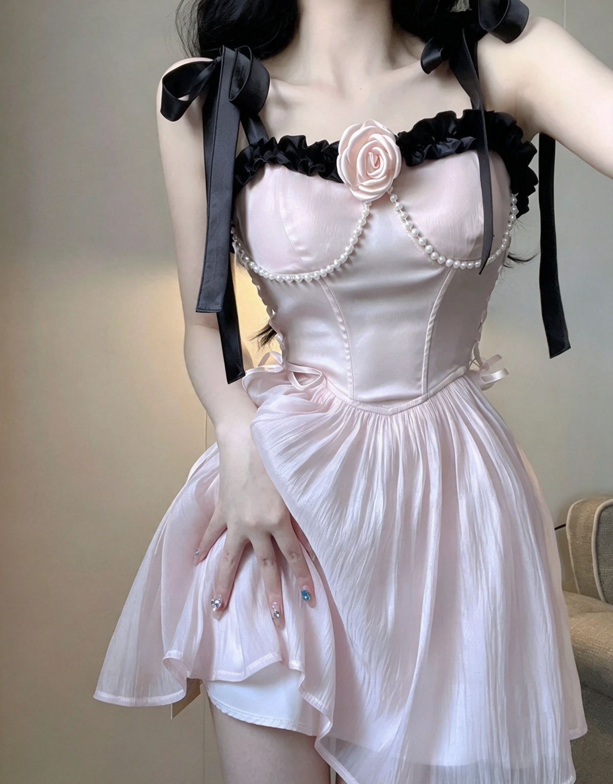 Romantic Pink Bow Strap Corset A Line Short Homecoming Dress With Side Bows,3D Flower And Pearl Chain AS3038