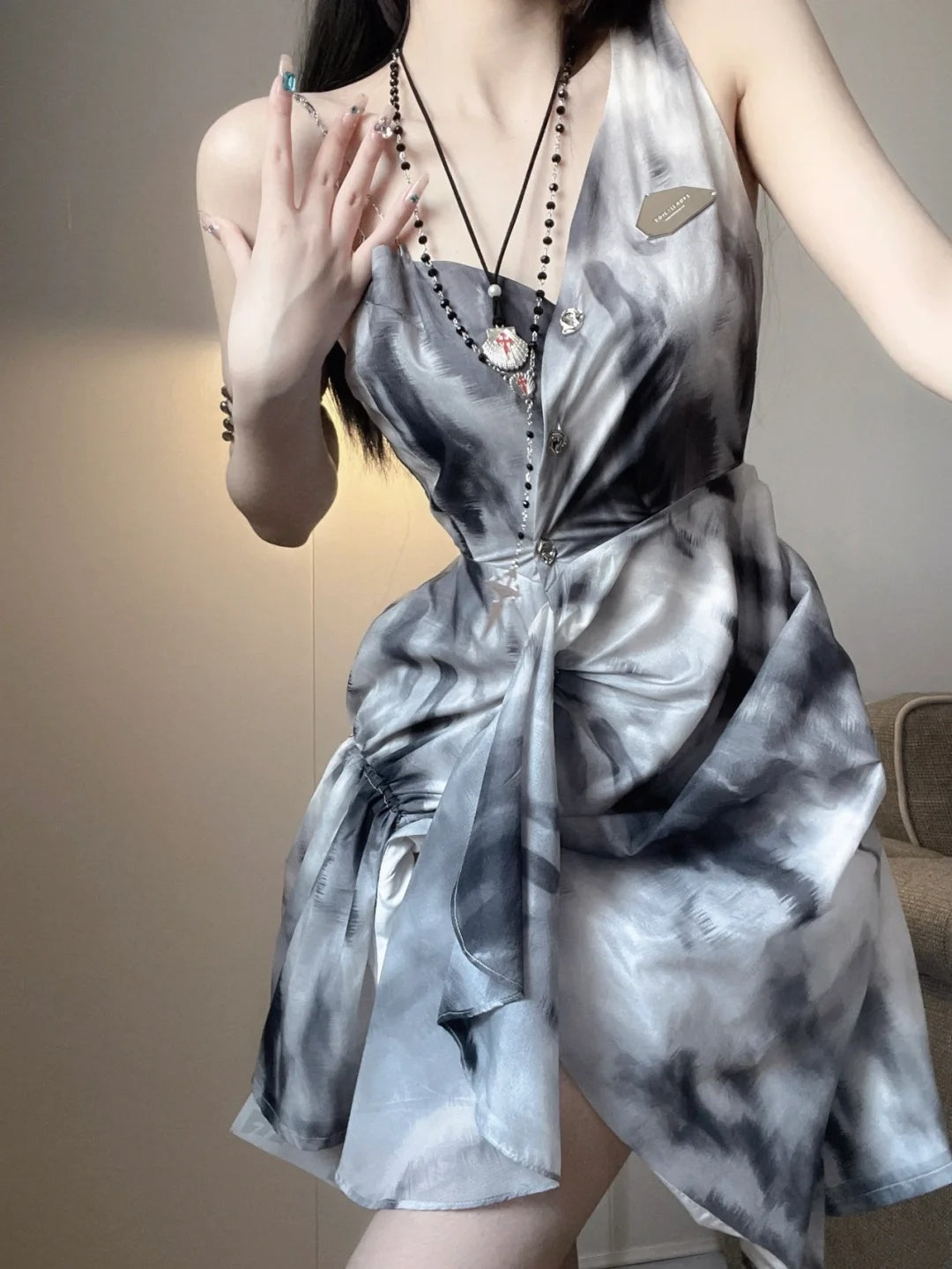 Chic Grey Metal Chain Strap A Line Short Homecoming Dress AS3039