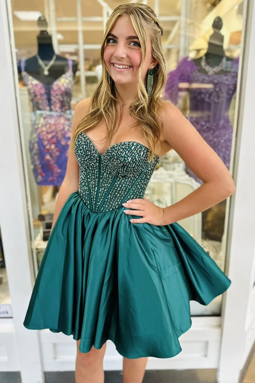 Satin Homecoming Dress With Beaded Corset Bodice And Sweetheart Neckline AS304
