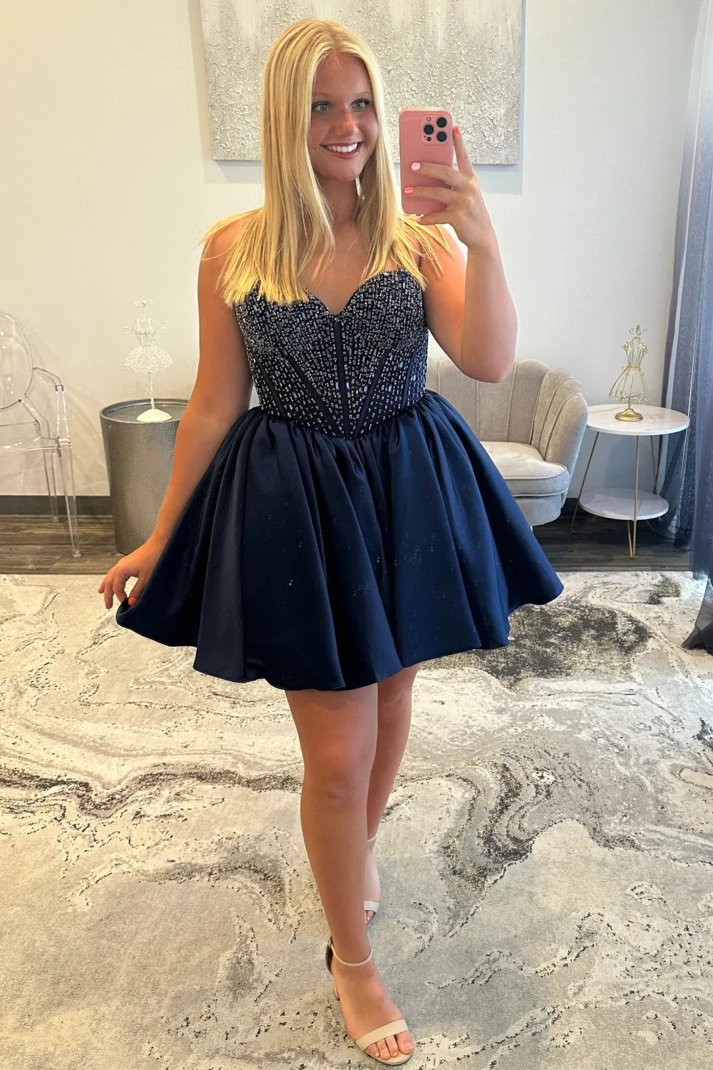 Satin Homecoming Dress With Beaded Corset Bodice And Sweetheart Neckline AS304