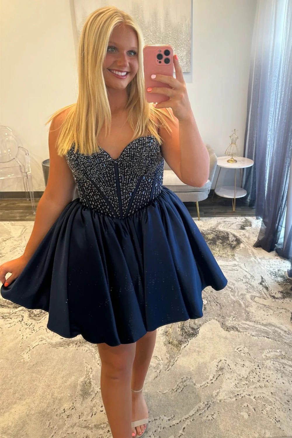 Satin Homecoming Dress With Beaded Corset Bodice And Sweetheart Neckline AS304