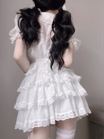 Elegant White Peter Pan Collar Puff Sleeve A Line Short Homecoming Dress With Small Bows AS3040