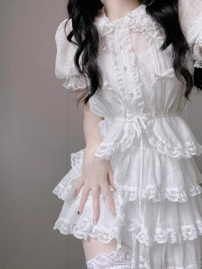 Elegant White Peter Pan Collar Puff Sleeve A Line Short Homecoming Dress With Small Bows AS3040
